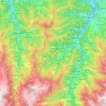 Mapa topográfico Dernekpazarı, altitude, relevo