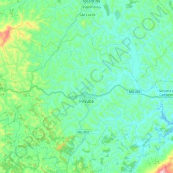Mapa topográfico Piraúba, altitude, relevo