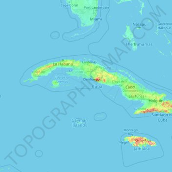 Mapa topográfico Cuba, altitude, relevo