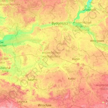Mapa topográfico Voivodato de Gran Polonia, altitude, relevo