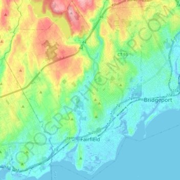 Mapa topográfico Fairfield, altitude, relevo