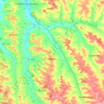 Mapa topográfico Jegun, altitude, relevo