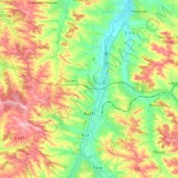 Mapa topográfico Auch, altitude, relevo