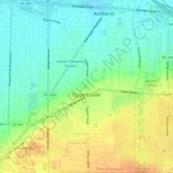 Mapa topográfico Eggertsville, altitude, relevo