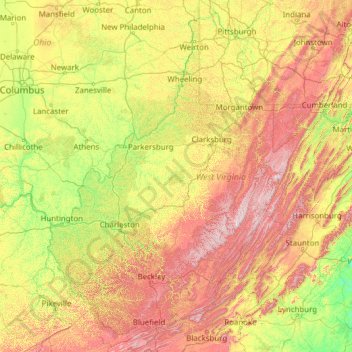 Mapa topográfico Virgínia Ocidental, altitude, relevo