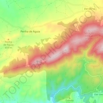 Mapa topográfico Linha de cumeada da serra da Marofa, altitude, relevo