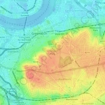 Mapa topográfico Greenwich Park, altitude, relevo