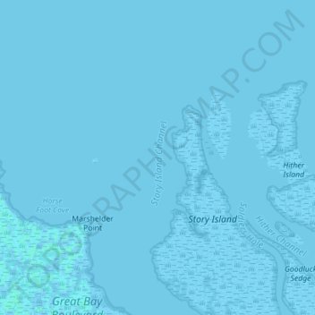Mapa topográfico Story Island Channel, altitude, relevo