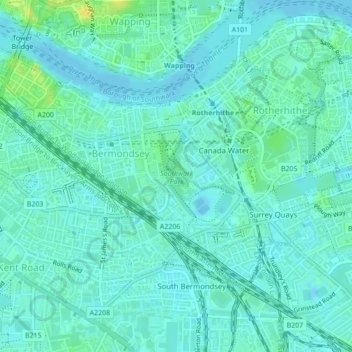 Mapa topográfico Southwark Park, altitude, relevo