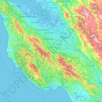 Mapa topográfico Santa Cruz Mountains, altitude, relevo