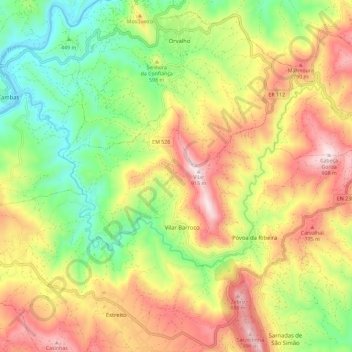 Mapa topográfico Ribeira de Cambas - Ribeira das Casas da Zebreira, altitude, relevo