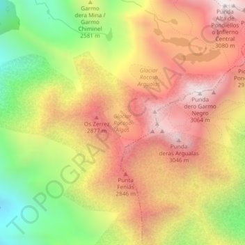 Mapa topográfico Glaciar Rocoso Algas, altitude, relevo