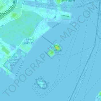 Mapa topográfico Ellis Island, altitude, relevo
