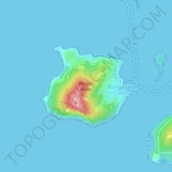 Mapa topográfico Burgaz Adası, altitude, relevo