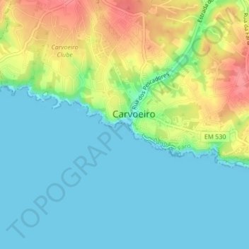 Mapa topográfico Praia do Carvoeiro, altitude, relevo