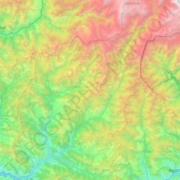 Mapa topográfico Bhilangna River, altitude, relevo