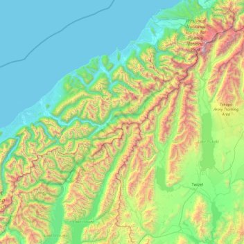 Mapa topográfico Southern Alps / Kā Tiritiri o te Moana, altitude, relevo