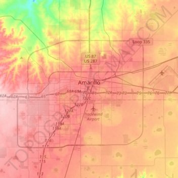 Mapa topográfico Amarillo, altitude, relevo