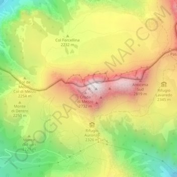 Mapa topográfico Tre Cime di Lavaredo, altitude, relevo