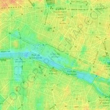 Mapa topográfico Jardin des Tuileries, altitude, relevo