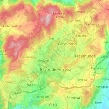 Mapa topográfico Paços de Ferreira, altitude, relevo