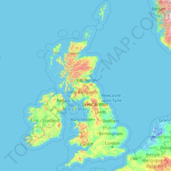 Mapa topográfico Reino Unido, altitude, relevo