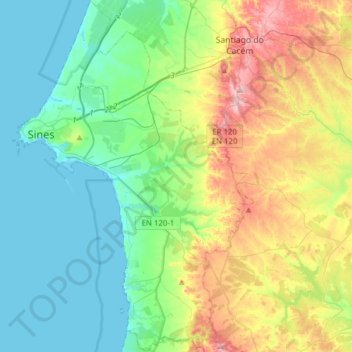Mapa topográfico Sines, altitude, relevo