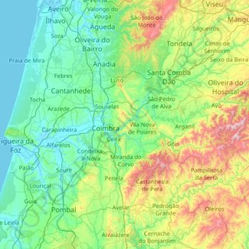 Mapa topográfico Coimbra, altitude, relevo