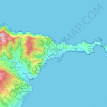 Mapa topográfico Caniçal, altitude, relevo