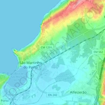Mapa topográfico São Martinho do Porto, altitude, relevo