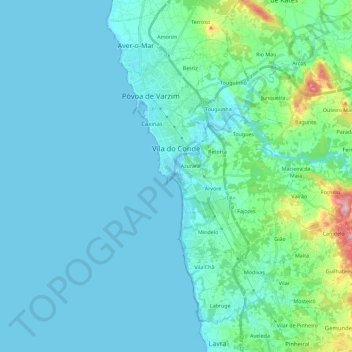 Mapa topográfico Vila do Conde, altitude, relevo