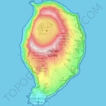 Mapa topográfico Ilha do Corvo, altitude, relevo