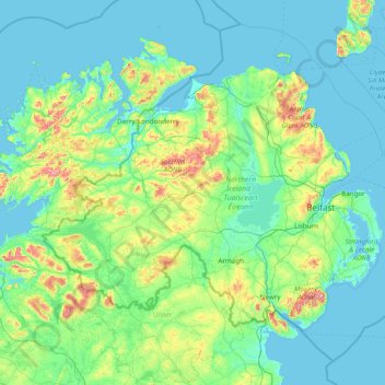 Mapa topográfico Irlanda do Norte, altitude, relevo