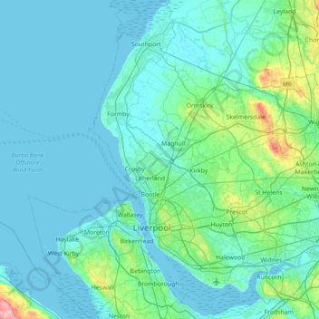 Mapa topográfico Merseyside, altitude, relevo