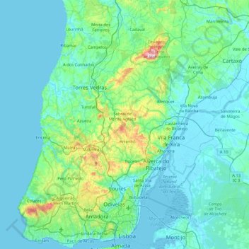 Mapa topográfico Lisboa, altitude, relevo